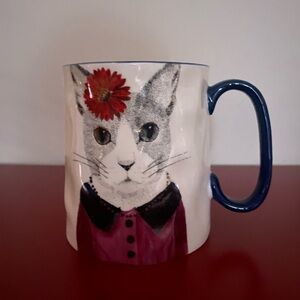 Fancy Cat Ceramic Mug with Blue Handle